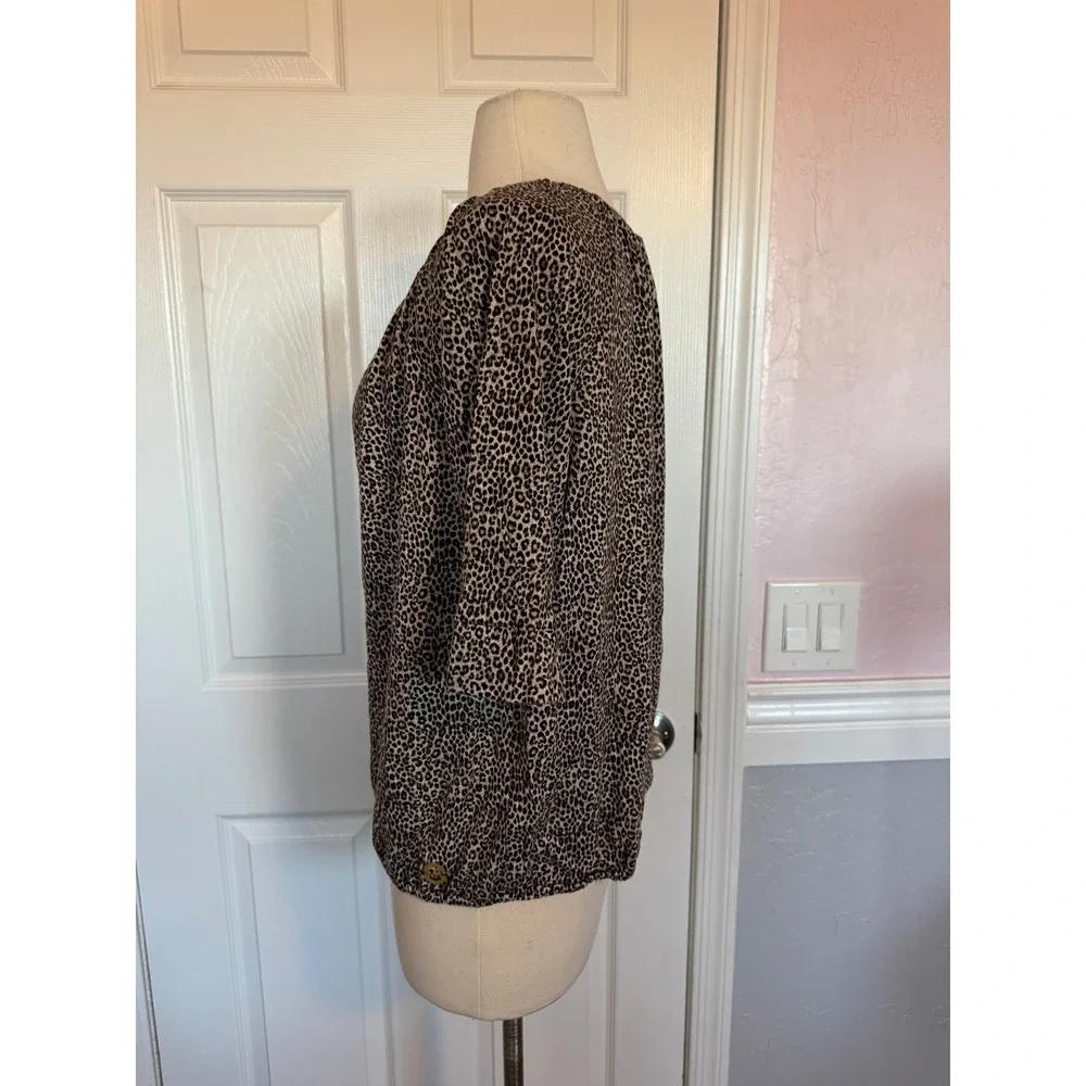 Michael Kors Womens Leopard Print Scoop Neck Bubble Hem 3/4‎ Sleeve Blouse Tan